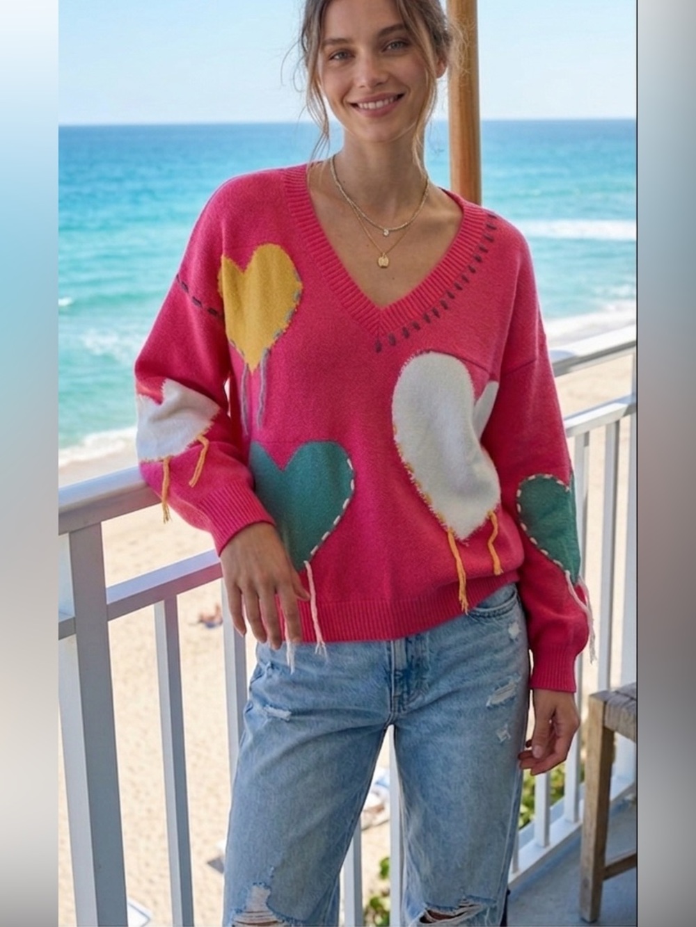 POL Pinkish Sweater with Heart Patterns